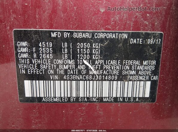 4S3BNAC68J3014809 2018 SUBARU LEGACY Red Engine compartment view