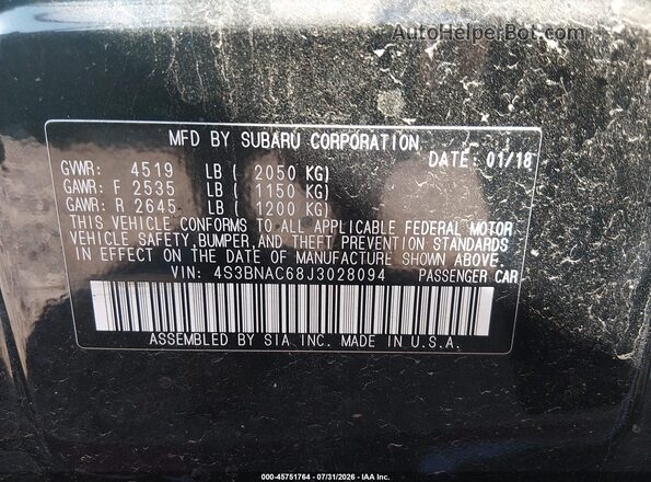 4S3BNAC68J3028094 2018 SUBARU LEGACY Black Вид підкапотного простору