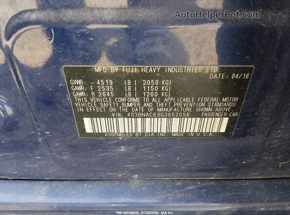 4S3BNAC69G3052056 2016 SUBARU LEGACY Blue Вид підкапотного простору