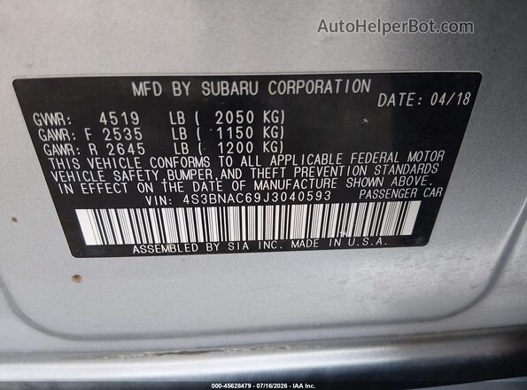4S3BNAC69J3040593 2018 SUBARU LEGACY Silver Engine compartment view