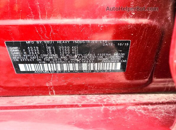 4S3BNAC6XG3018952 2016 SUBARU LEGACY Maroon Vista de la etiqueta del VIN