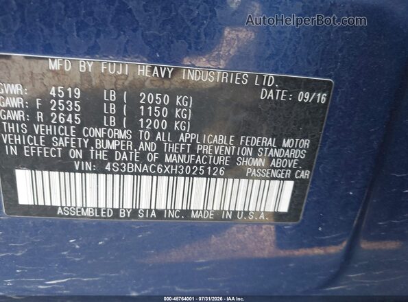 4S3BNAC6XH3025126 2017 SUBARU LEGACY Blue Vista del compartimento del motor