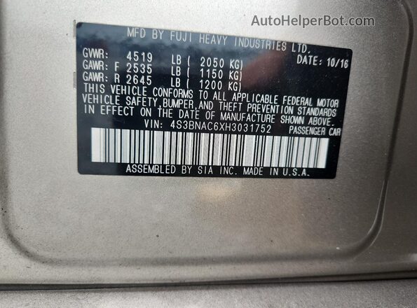 4S3BNAC6XH3031752 2017 SUBARU LEGACY Желто-коричневый Вид наклейки с VIN-кодом