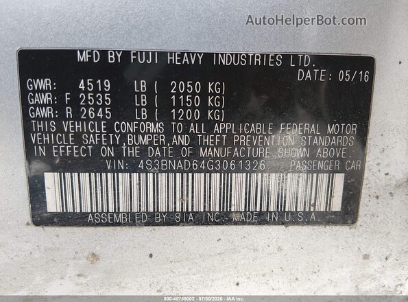 4S3BNAD64G3061326 2016 SUBARU LEGACY Silver Vista del compartimento del motor