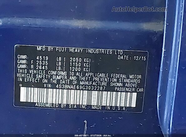 4S3BNAE69G3032287 2016 SUBARU LEGACY Blue Widok komory silnika