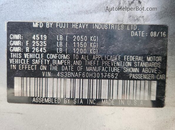 4S3BNAF60H3017662 2017 SUBARU LEGACY Silver Engine compartment view