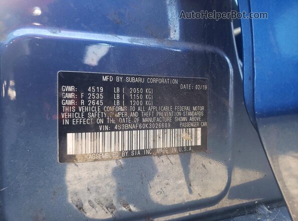 4S3BNAF60K3026689 2019 SUBARU LEGACY Blue Widok naklejki z numerem VIN
