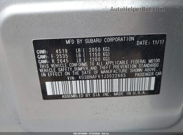 4S3BNAF61J3022665 2018 SUBARU LEGACY Silver Вид підкапотного простору
