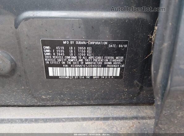 4S3BNAF61J3040230 2018 SUBARU LEGACY Gray Vista del compartimento del motor