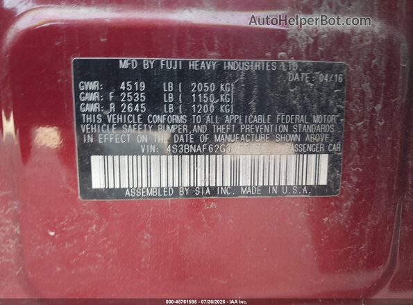 4S3BNAF62G3055876 2016 SUBARU LEGACY Burgundy Շարժիչի բաժամունքի տեսք