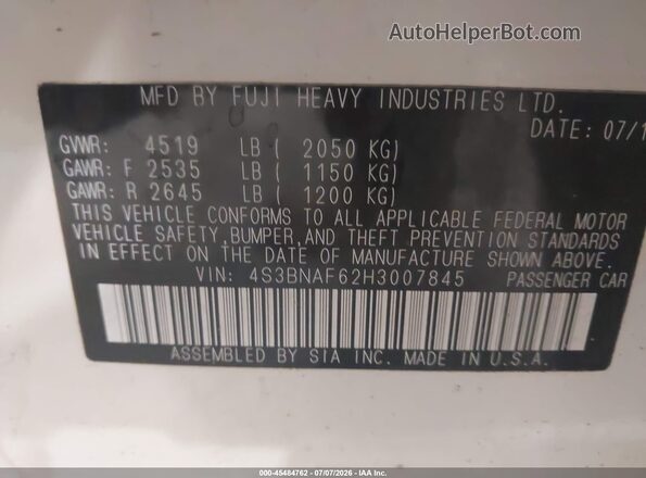 4S3BNAF62H3007845 2017 SUBARU LEGACY White Շարժիչի բաժամունքի տեսք