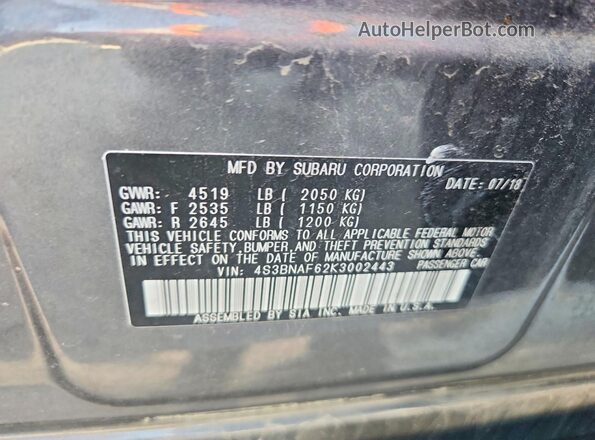4S3BNAF62K3002443 2019 SUBARU LEGACY Серый Вид подкапотного пространства