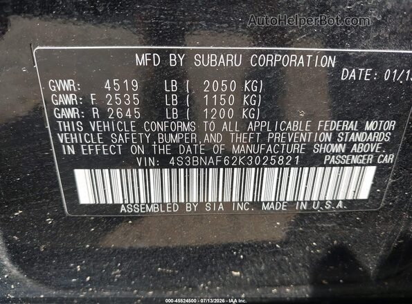 4S3BNAF62K3025821 2019 SUBARU LEGACY Black ძრავის განყოფილების ხედი