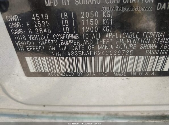 4S3BNAF62K3039735 2019 SUBARU LEGACY Серебряный Вид подкапотного пространства