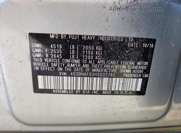 4S3BNAF63H3031765 2017 SUBARU LEGACY Silver ძრავის განყოფილების ხედი