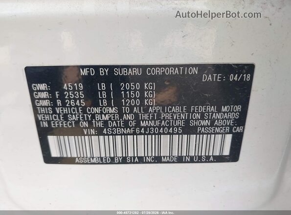 4S3BNAF64J3040495 2018 SUBARU LEGACY White Widok komory silnika