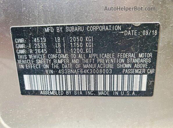 4S3BNAF64K3008003 2019 SUBARU LEGACY Gray Widok komory silnika