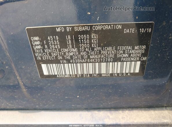 4S3BNAF64K3012780 2019 SUBARU LEGACY Blue Շարժիչի բաժամունքի տեսք