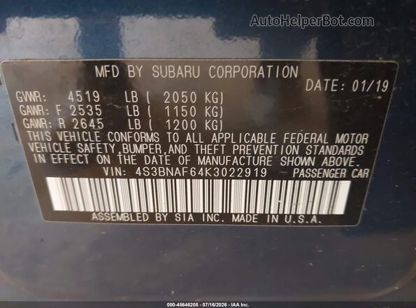 4S3BNAF64K3022919 2019 SUBARU LEGACY Blue Вид підкапотного простору