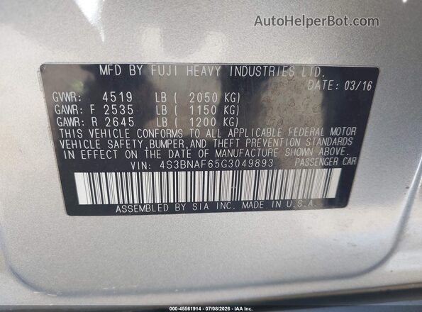 4S3BNAF65G3049893 2016 SUBARU LEGACY Silver Engine compartment view