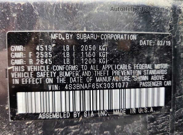 4S3BNAF65K3031077 2019 SUBARU LEGACY Серый Вид подкапотного пространства