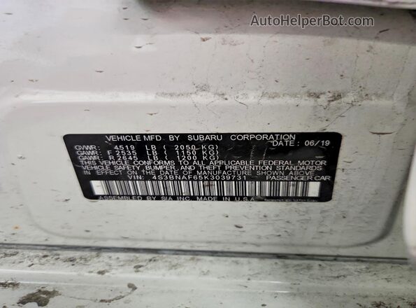 4S3BNAF65K3039731 2019 SUBARU LEGACY White Widok naklejki z numerem VIN