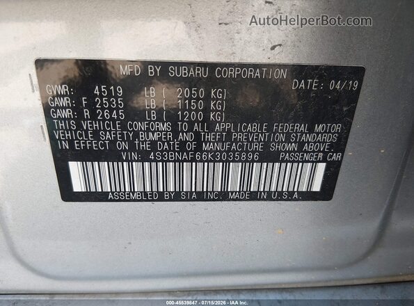 4S3BNAF66K3035896 2019 SUBARU LEGACY Silver ძრავის განყოფილების ხედი