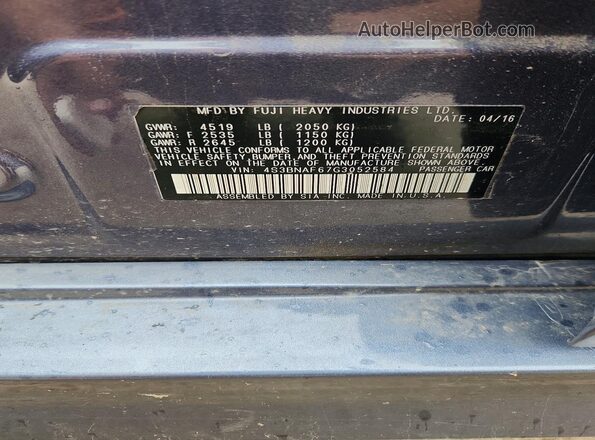 4S3BNAF67G3052584 2016 SUBARU LEGACY Синий Вид наклейки с VIN-кодом