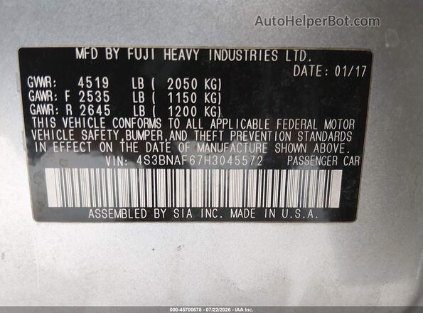 4S3BNAF67H3045572 2017 SUBARU LEGACY Silver Widok komory silnika