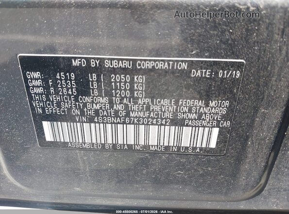 4S3BNAF67K3024342 2019 SUBARU LEGACY Gray Widok komory silnika