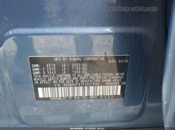 4S3BNAF67K3031694 2019 SUBARU LEGACY Blue ძრავის განყოფილების ხედი