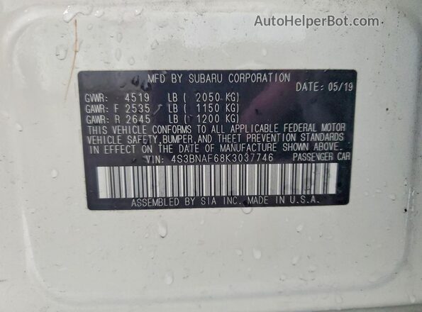 4S3BNAF68K3037746 2019 SUBARU LEGACY White VIN sticker view