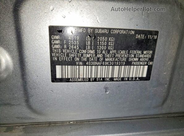 4S3BNAF69K3019319 2019 SUBARU LEGACY Blue Widok komory silnika