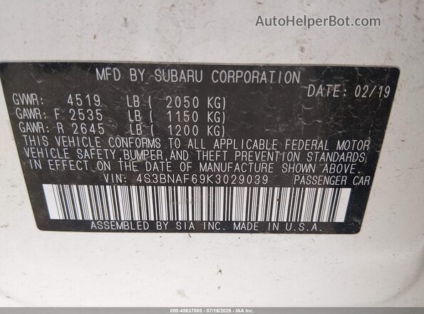 4S3BNAF69K3029039 2019 SUBARU LEGACY Белый Вид подкапотного пространства