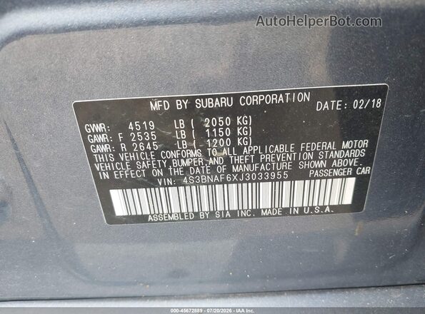 4S3BNAF6XJ3033955 2018 SUBARU LEGACY Light Blue Вид підкапотного простору