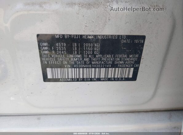 4S3BNAH61H3032149 2017 SUBARU LEGACY White Вид підкапотного простору