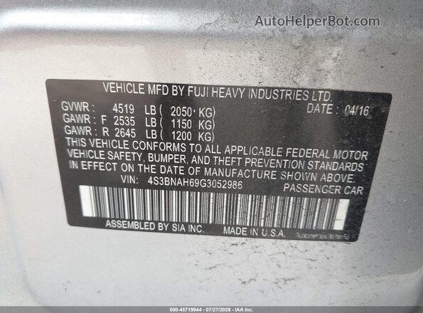 4S3BNAH69G3052986 2016 SUBARU LEGACY Silver Vista del compartimento del motor