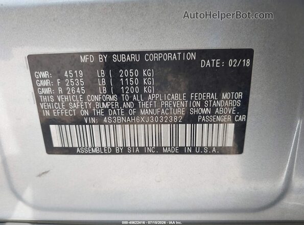 4S3BNAH6XJ3032382 2018 SUBARU LEGACY Silver ძრავის განყოფილების ხედი