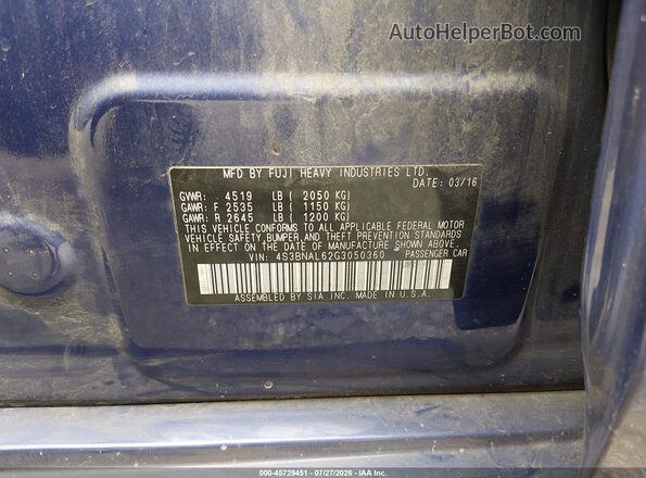 4S3BNAL62G3050360 2016 SUBARU LEGACY Blue Vista del compartimento del motor