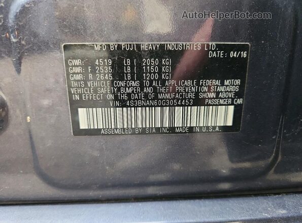 4S3BNAN60G3054453 2016 SUBARU LEGACY Blue Vista de la etiqueta del VIN