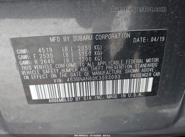4S3BNAN60K3033093 2019 SUBARU LEGACY Gray Vista del compartimento del motor