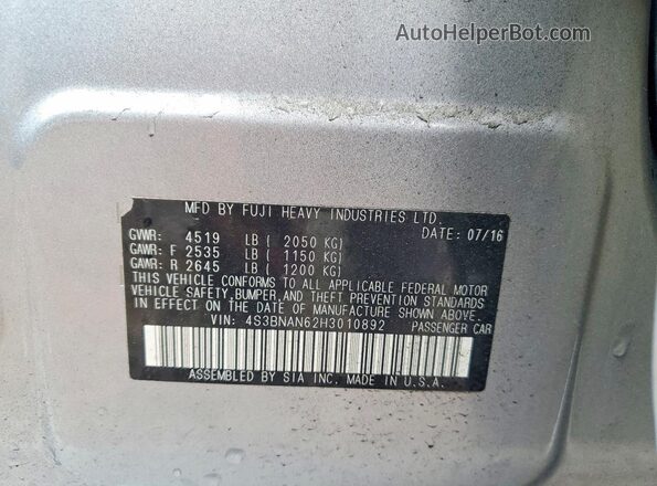 4S3BNAN62H3010892 2017 SUBARU LEGACY Серебряный Вид подкапотного пространства