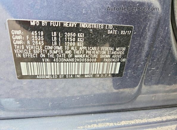 4S3BNAN62H3059008 2017 SUBARU LEGACY Blue Widok komory silnika