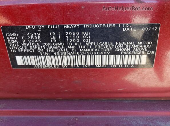4S3BNAN62H3060482 2017 SUBARU LEGACY Burgundy VIN sticker view