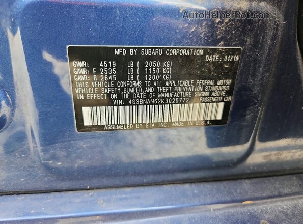4S3BNAN62K3025772 2019 SUBARU LEGACY Blue Вид наклейки з VIN-кодом