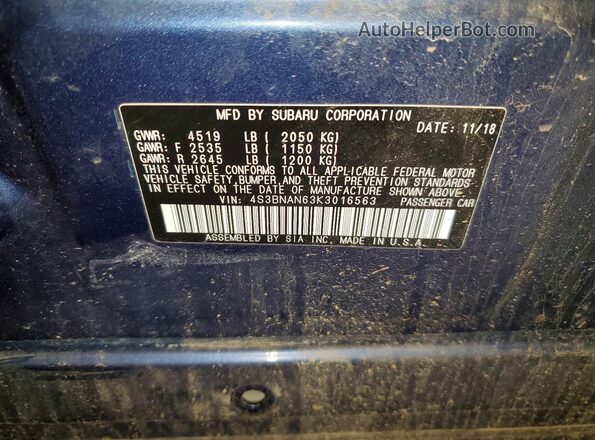 4S3BNAN63K3016563 2019 SUBARU LEGACY Blue Widok komory silnika