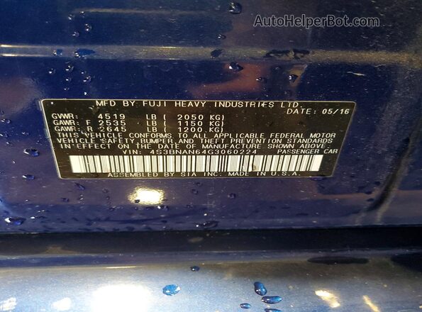 4S3BNAN64G3060224 2016 SUBARU LEGACY Blue VIN კოდის სტიკერის ხედი