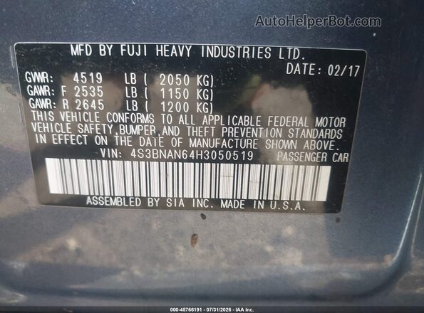 4S3BNAN64H3050519 2017 SUBARU LEGACY Dark Blue Vista del compartimento del motor
