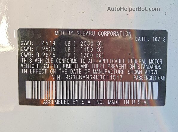 4S3BNAN64K3011517 2019 SUBARU LEGACY Белый Вид подкапотного пространства
