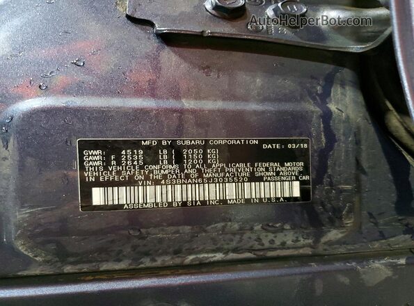 4S3BNAN65J3035520 2018 SUBARU LEGACY Blue Widok naklejki z numerem VIN